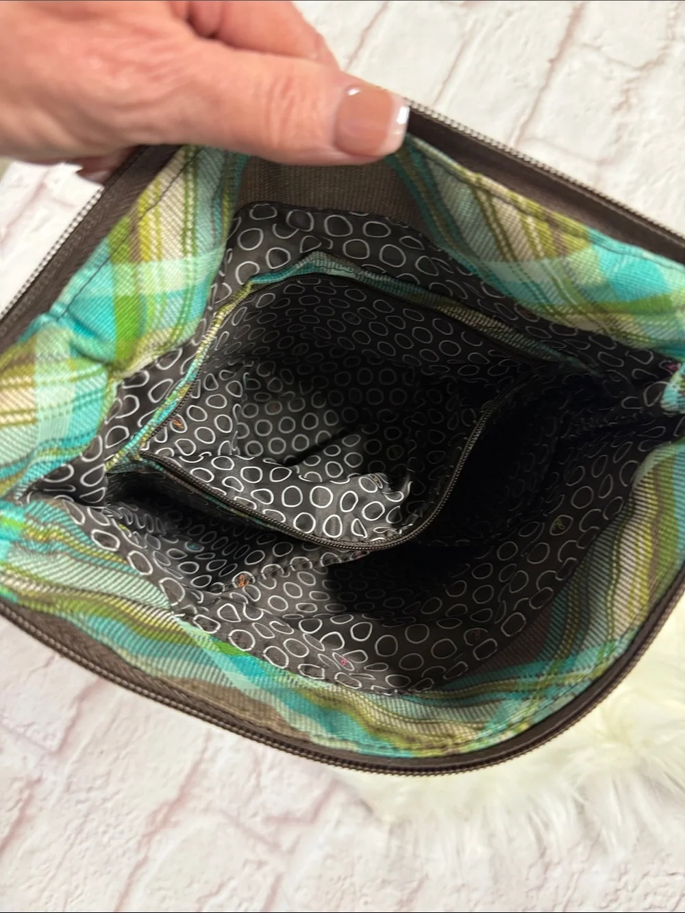 Thirty-one Brown Plaid Crossbody with Teal and Brown Accents